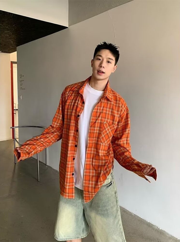 Orange Tartan Checks Relaxed Fit Casual Shirt