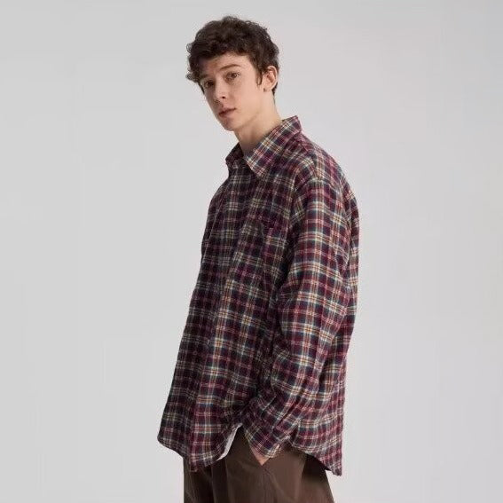 Men Windowpane Checked Spread Collar Casual Shirt