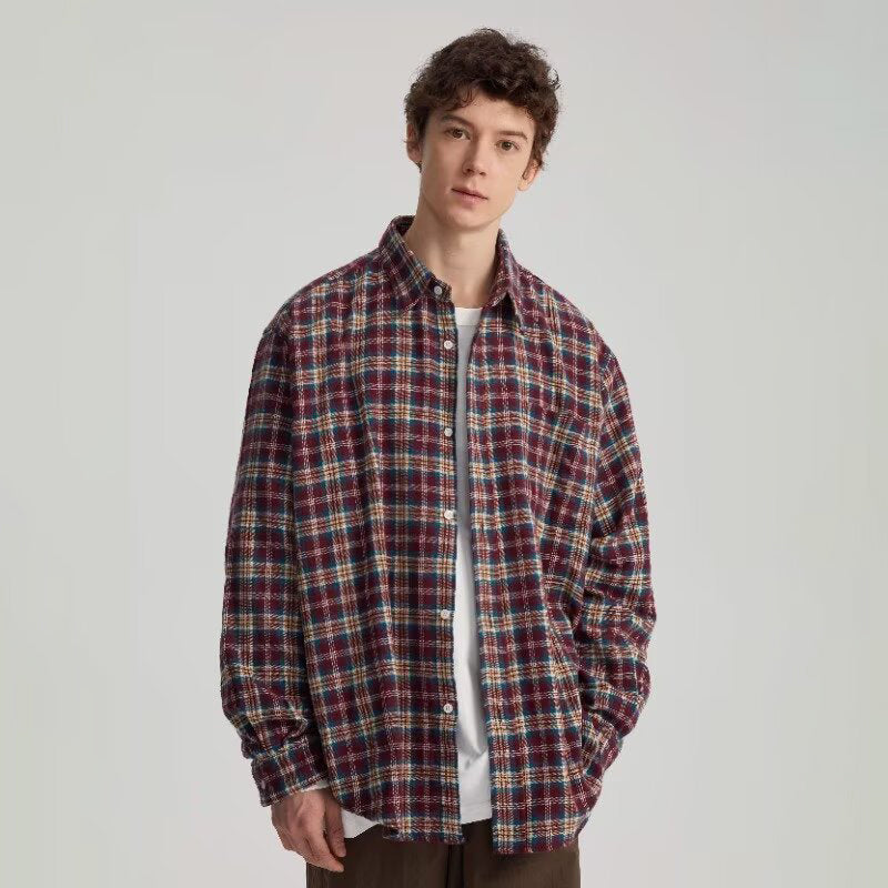 Men Windowpane Checked Spread Collar Casual Shirt