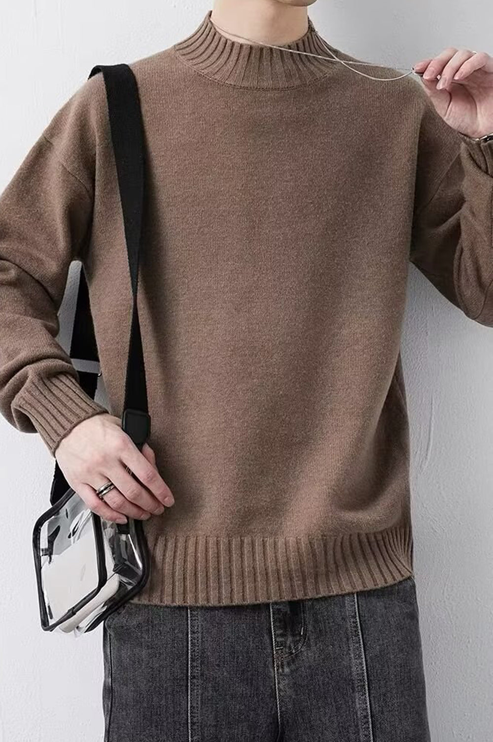 Men Self Design Mock Collar Pullover