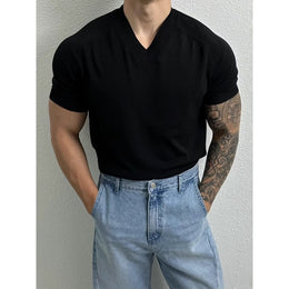 Solid V-Neck Muscle Fit Short Sleeves T-shirt