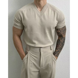 Solid V-Neck Muscle Fit Short Sleeves T-shirt