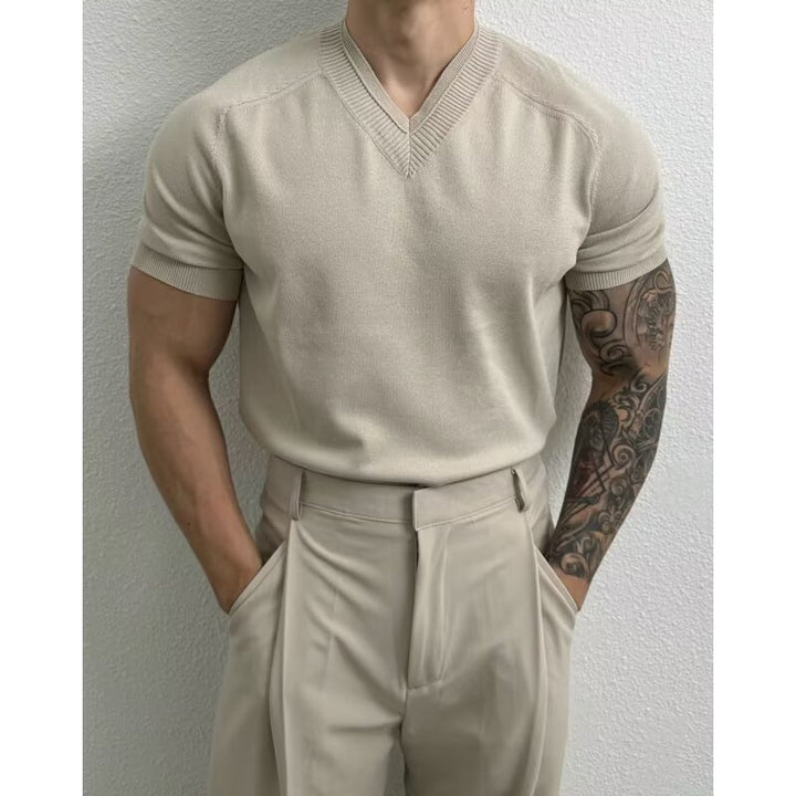 Solid V-Neck Muscle Fit Short Sleeves T-shirt