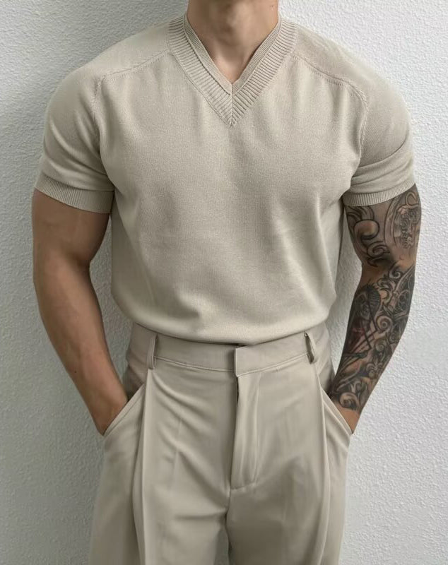 Solid V-Neck Muscle Fit Short Sleeves T-shirt