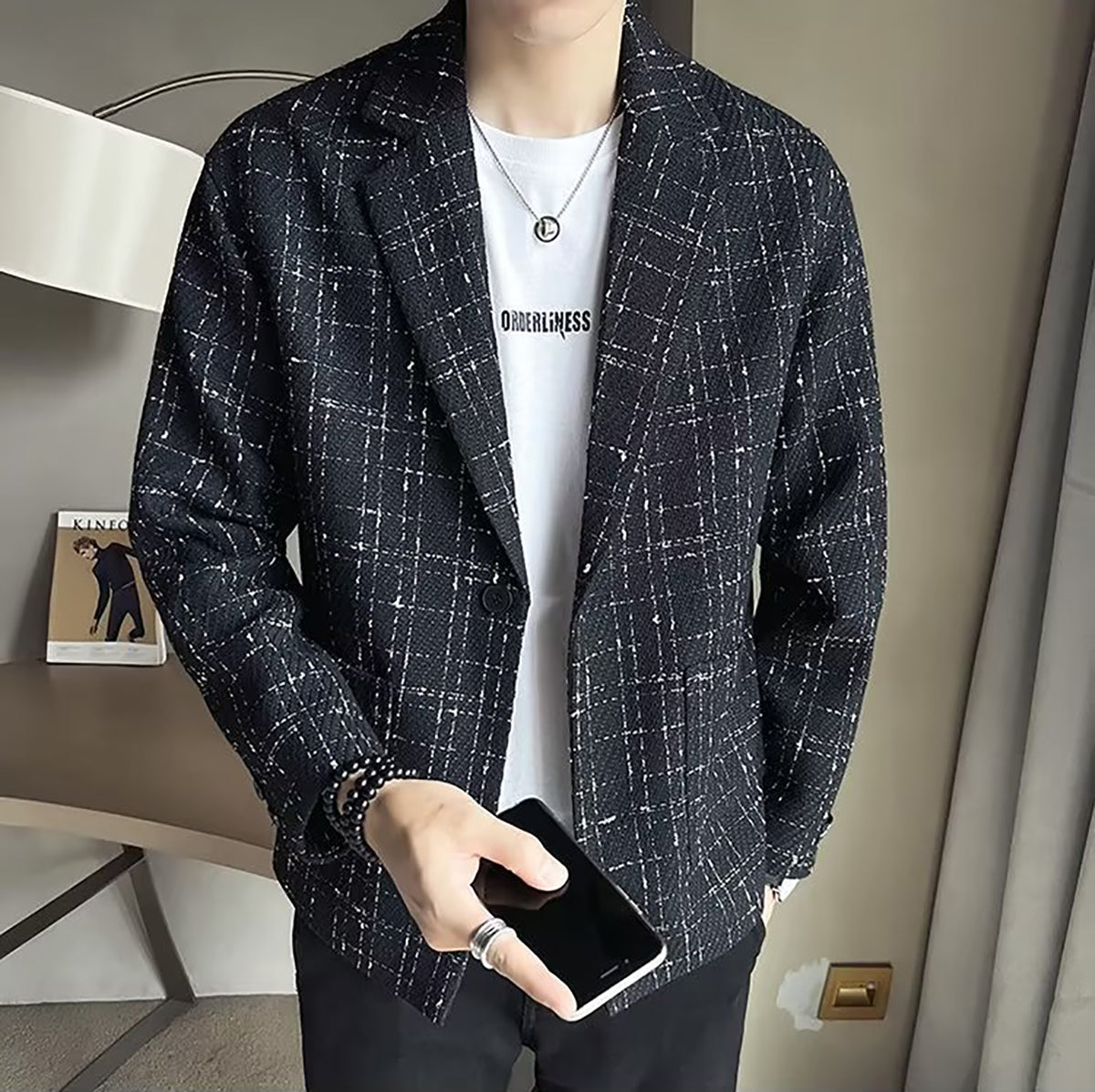 Men Checked Insulator Lapel Collar Tailored Jacket