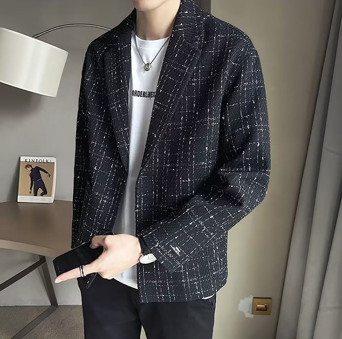 Men Checked Insulator Lapel Collar Tailored Jacket