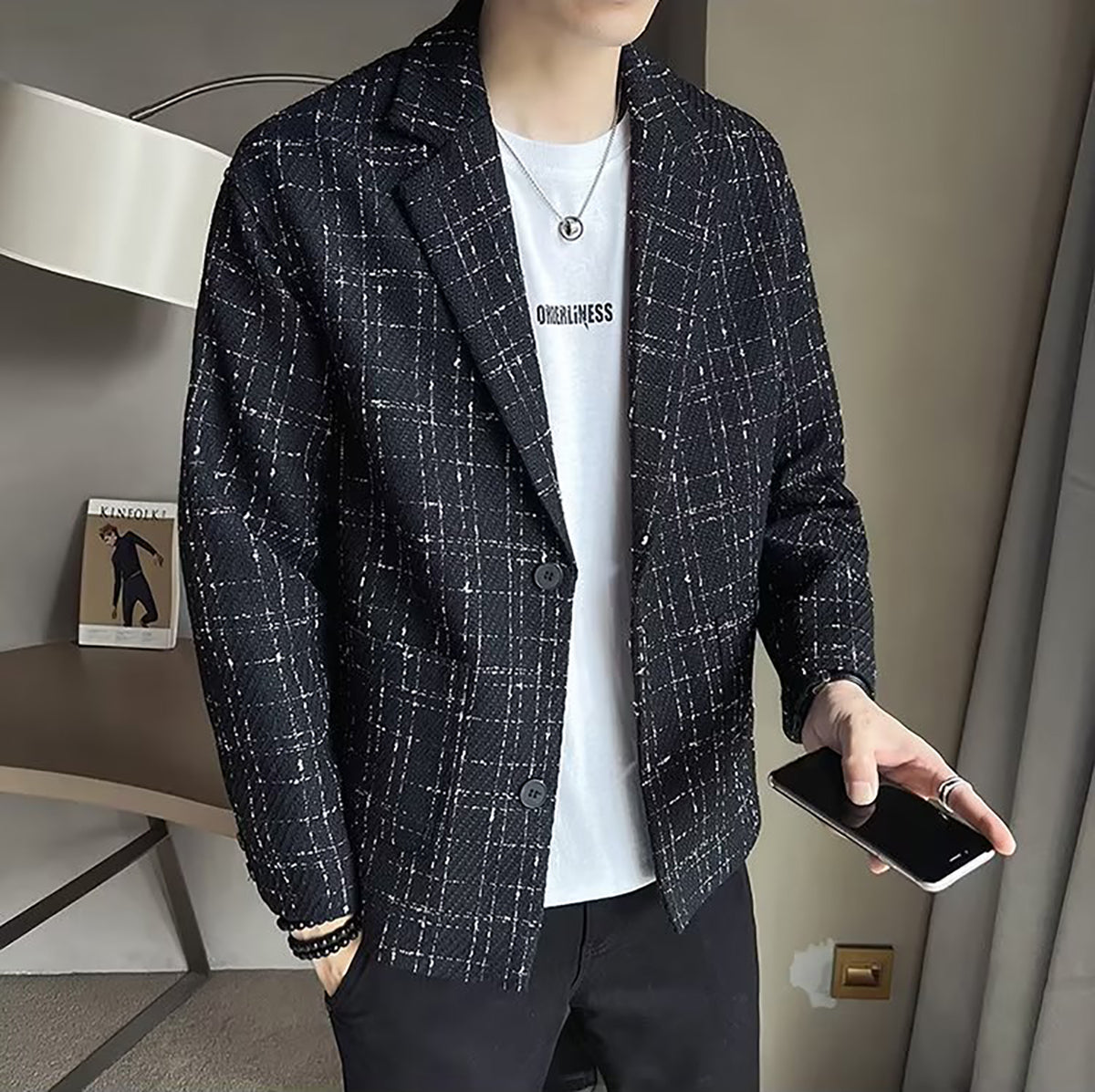 Men Checked Insulator Lapel Collar Tailored Jacket