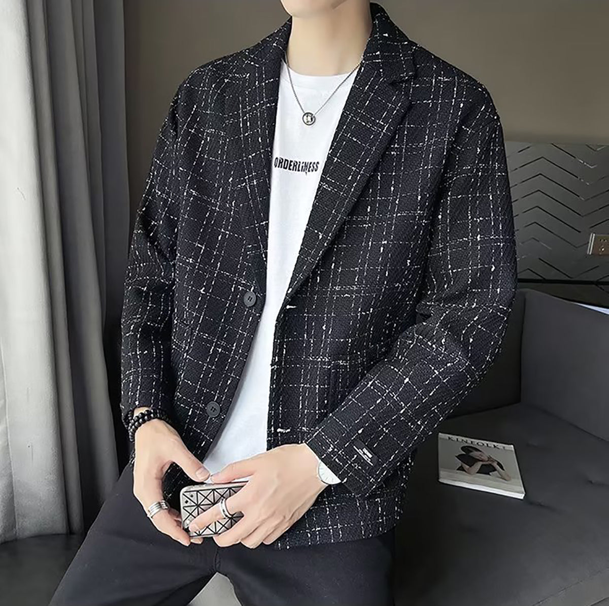 Men Checked Insulator Lapel Collar Tailored Jacket