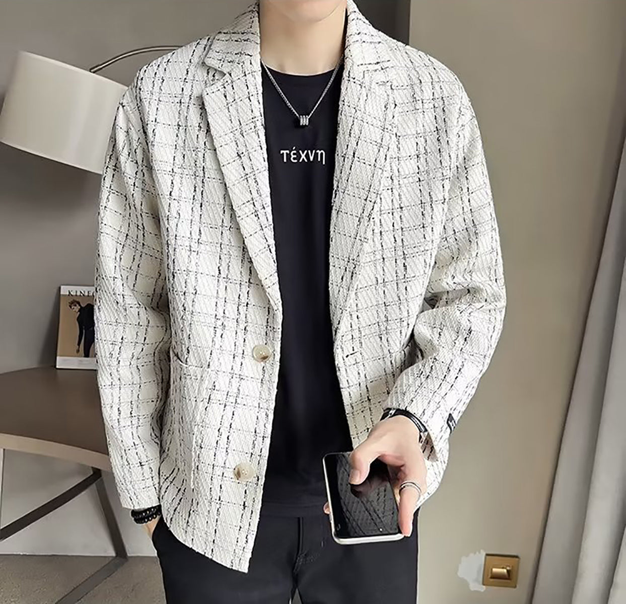 Men Lapel Collar Checked Casual Tailored Jacket