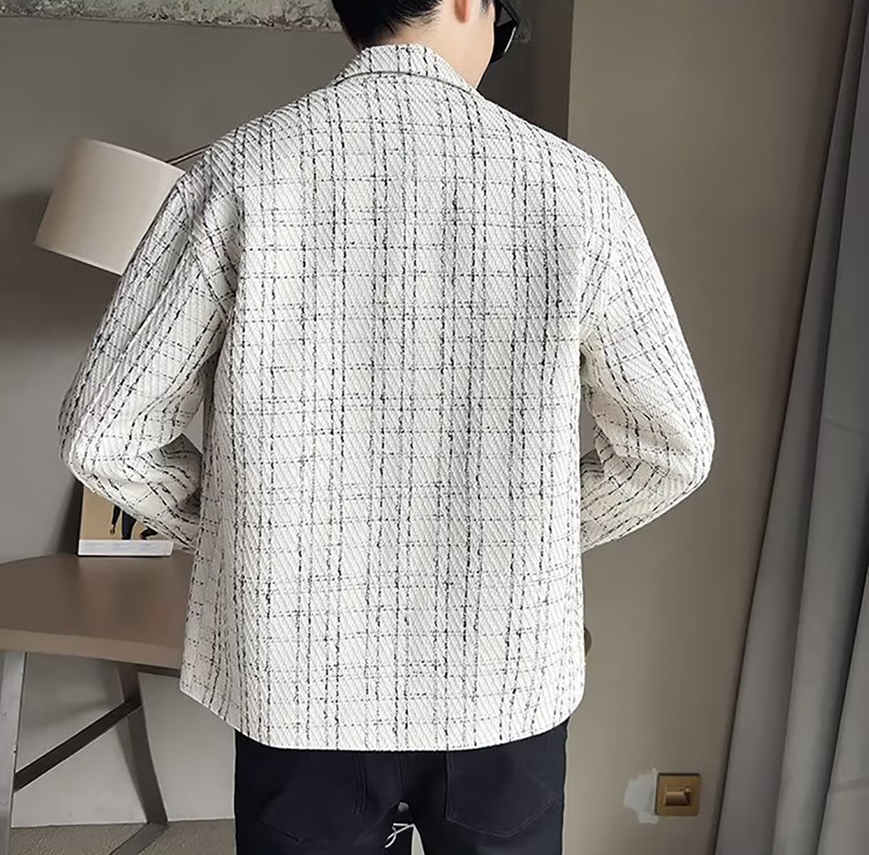 Men Lapel Collar Checked Casual Tailored Jacket
