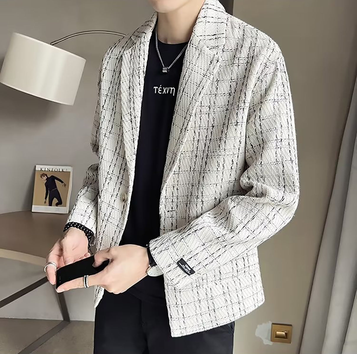 Men Lapel Collar Checked Casual Tailored Jacket