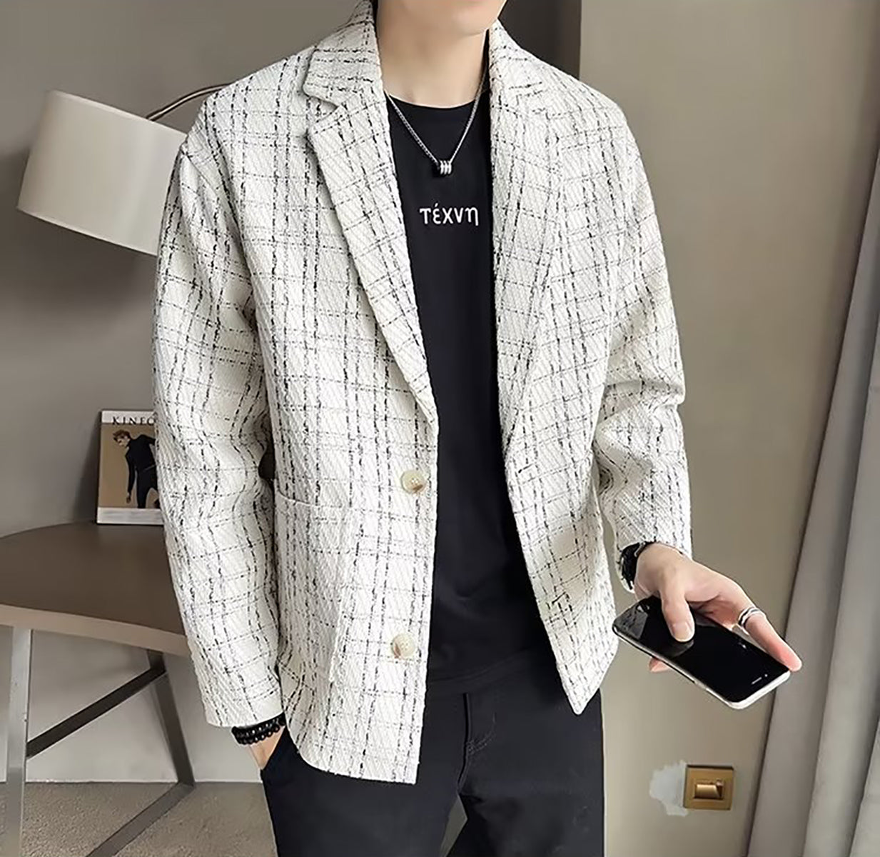 Men Lapel Collar Checked Casual Tailored Jacket