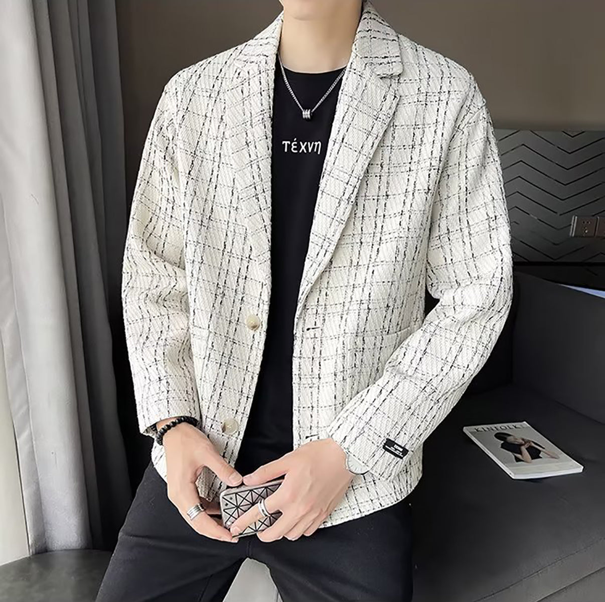 Men Lapel Collar Checked Casual Tailored Jacket