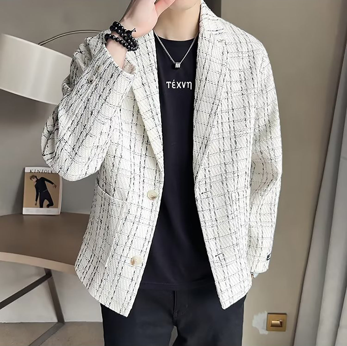 Men Lapel Collar Checked Casual Tailored Jacket