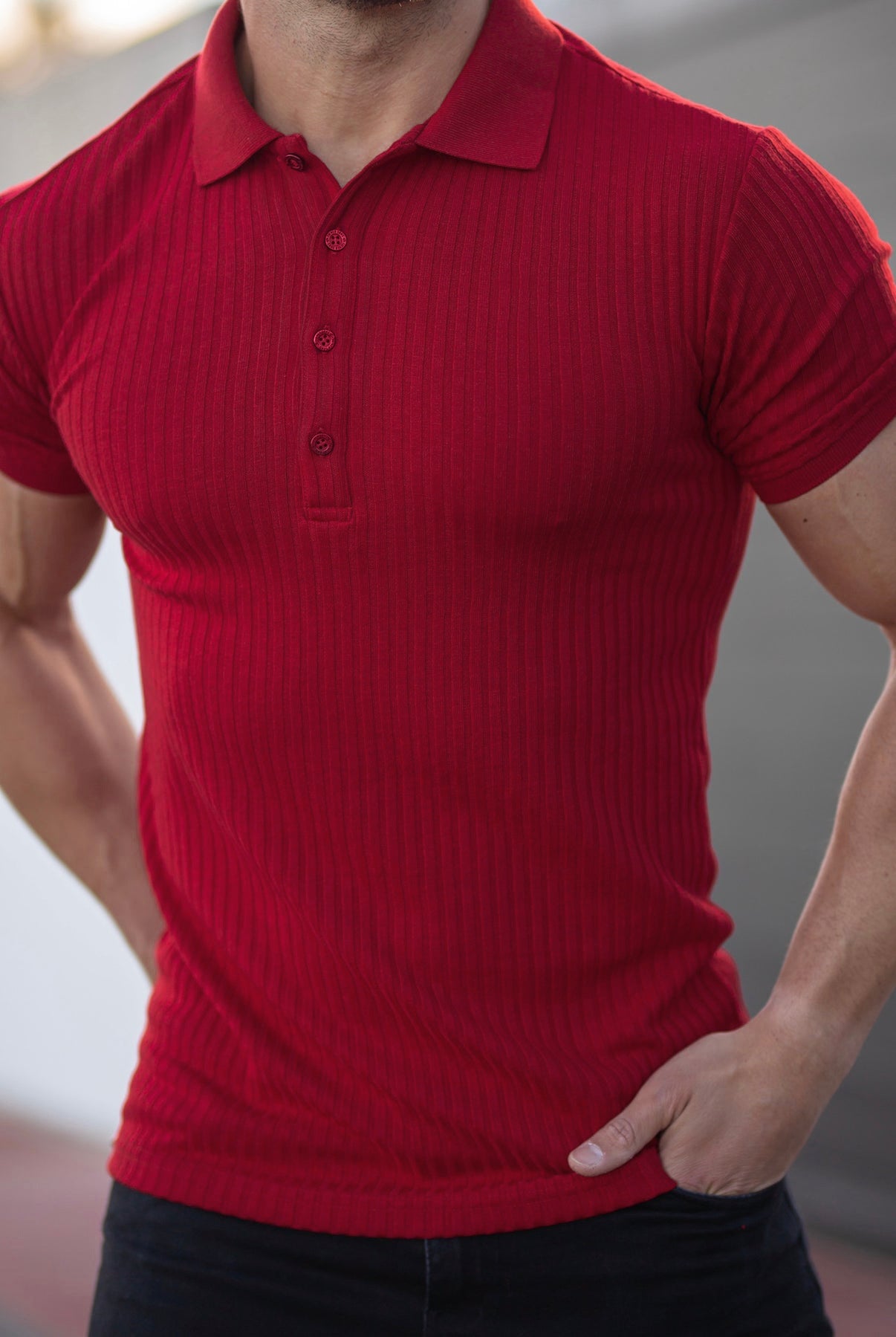 Men Polo Collar Raw Edge Slim Fit T-shirt