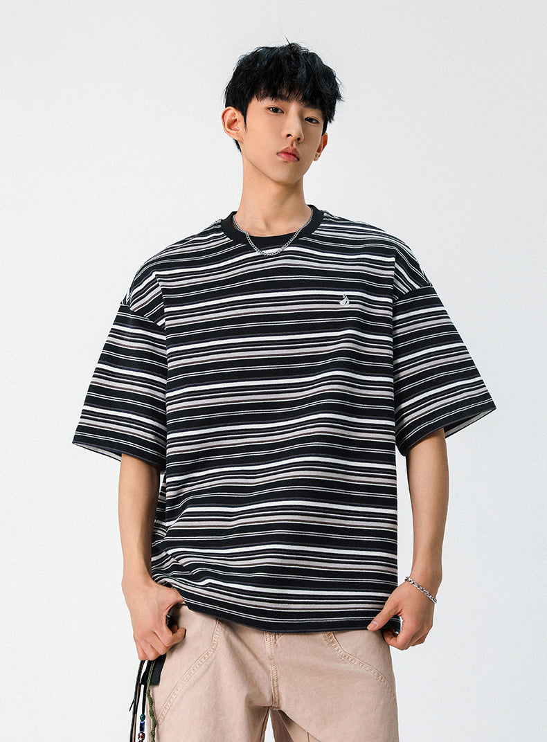 Striped Round Neck Drop Shoulder Oversized T-shirt