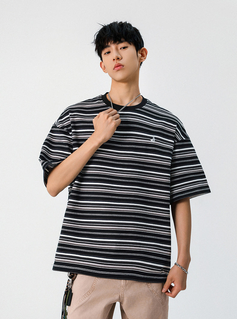 Striped Round Neck Drop Shoulder Oversized T-shirt