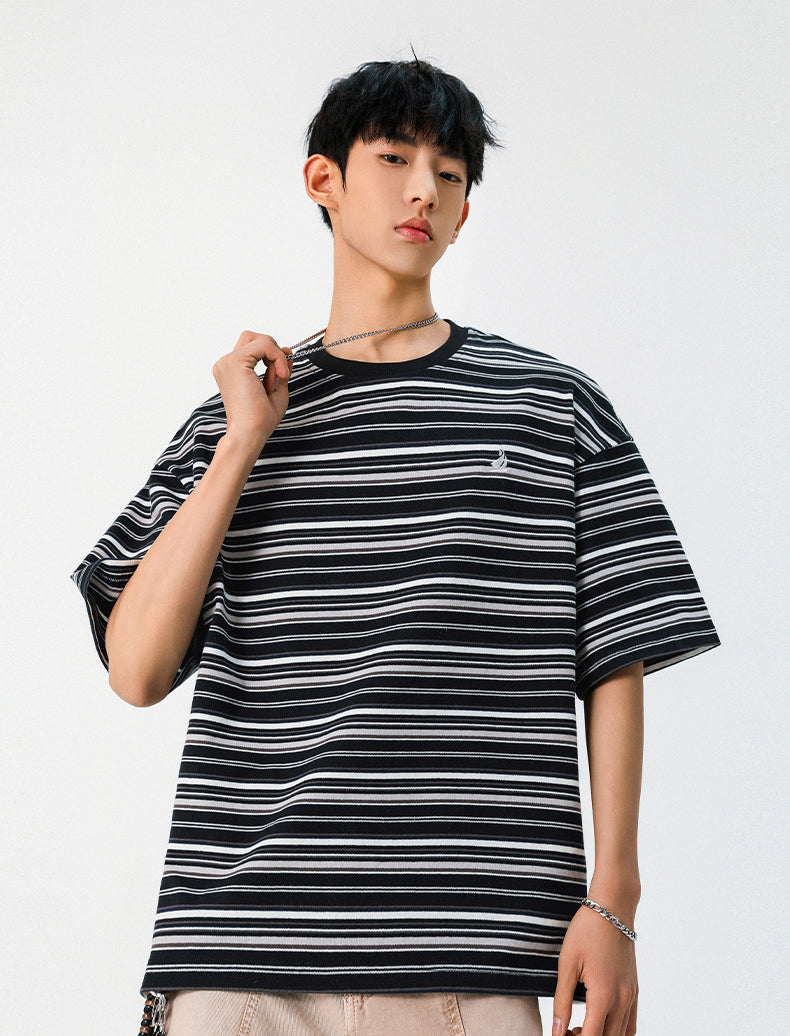 Striped Round Neck Drop Shoulder Oversized T-shirt