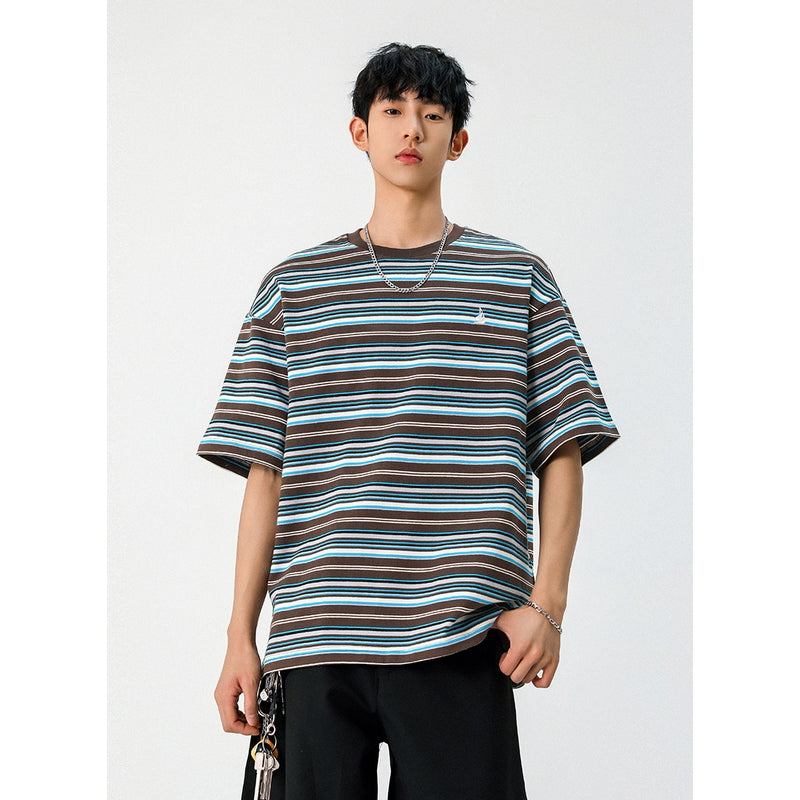 Striped Drop-Shoulder Sleeves Oversized Casual T-Shirt