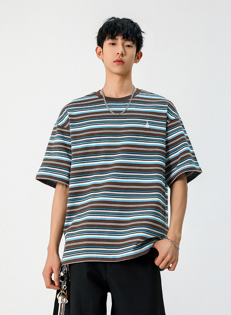 Striped Drop-Shoulder Sleeves Oversized Casual T-Shirt
