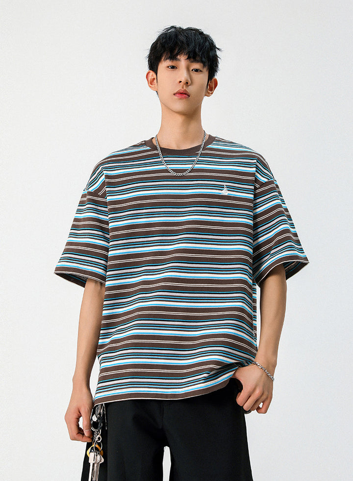 Striped Drop-Shoulder Sleeves Oversized Casual T-Shirt
