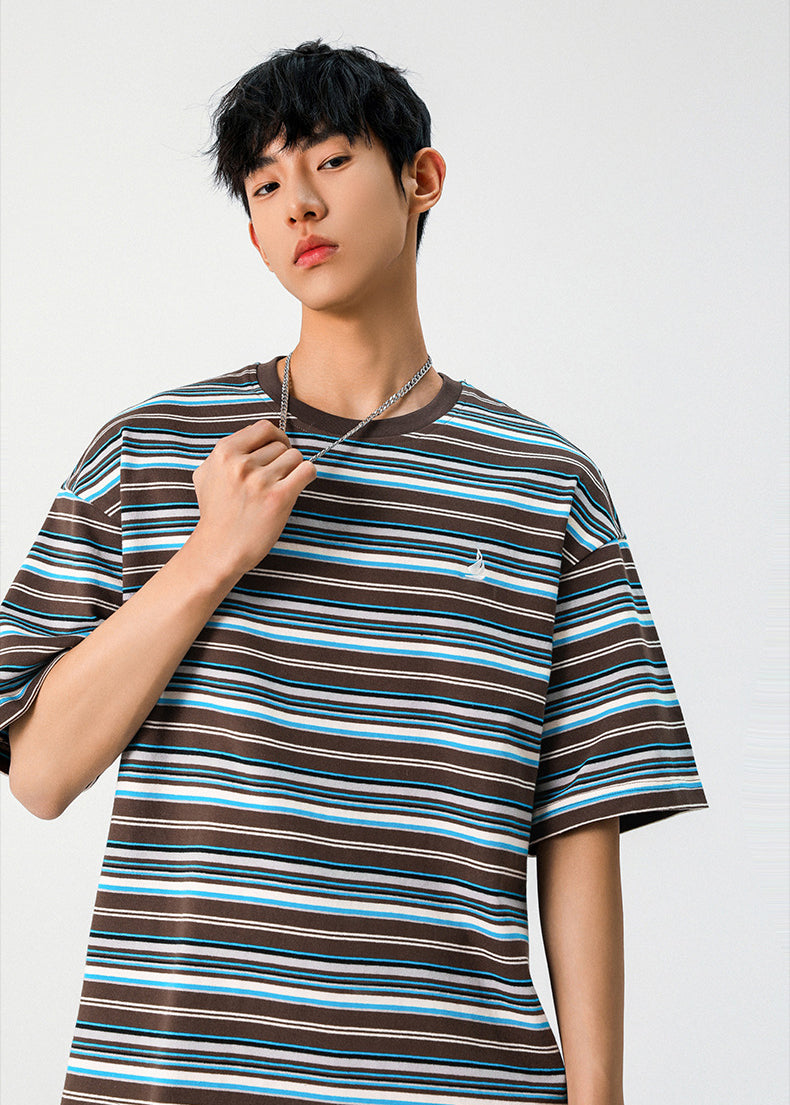 Striped Drop-Shoulder Sleeves Oversized Casual T-Shirt