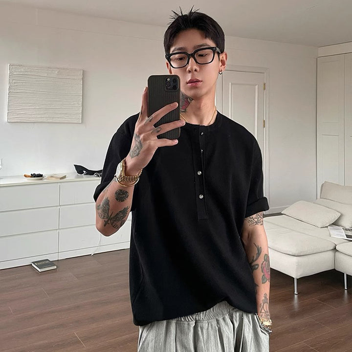 Relaxed Fit Henley Neck Solid T-shirt