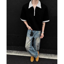 Men Solid Polo Collar Oversized T-shirt