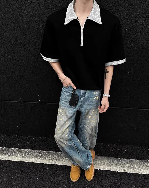 Men Solid Polo Collar Oversized T-shirt
