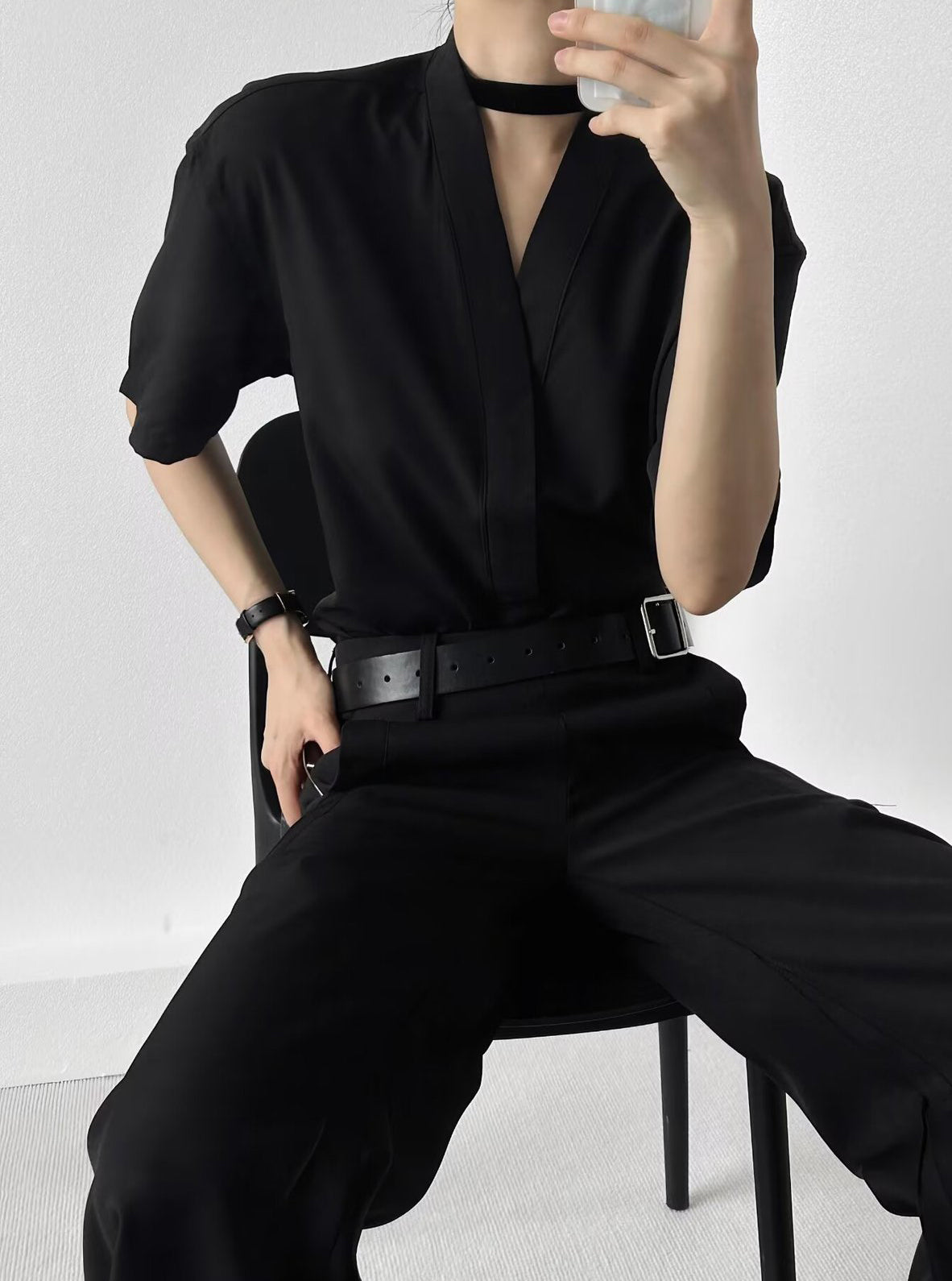 Collarless Drop-Shoulder Sleeves Formal Shirt