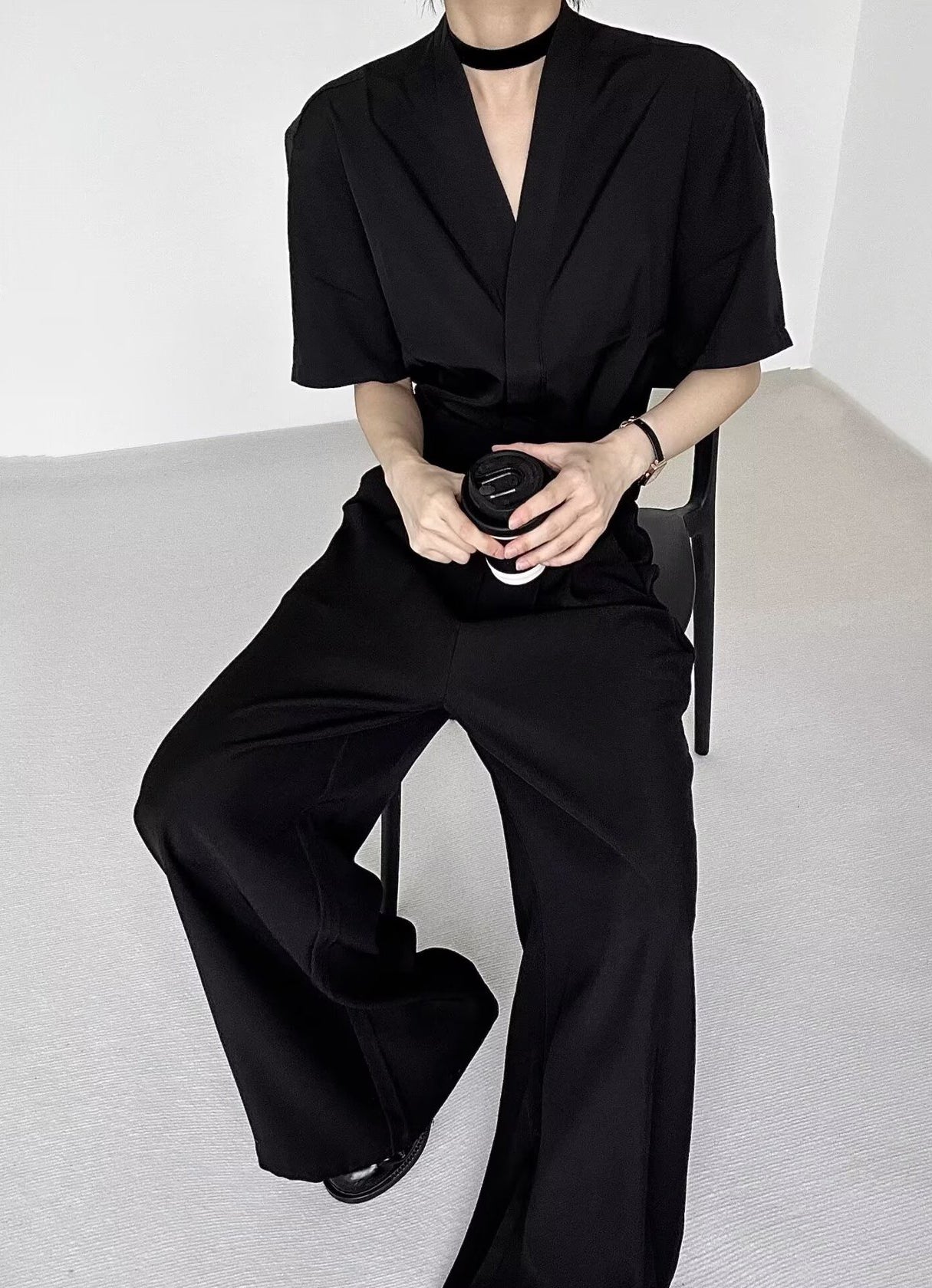 Collarless Drop-Shoulder Sleeves Formal Shirt