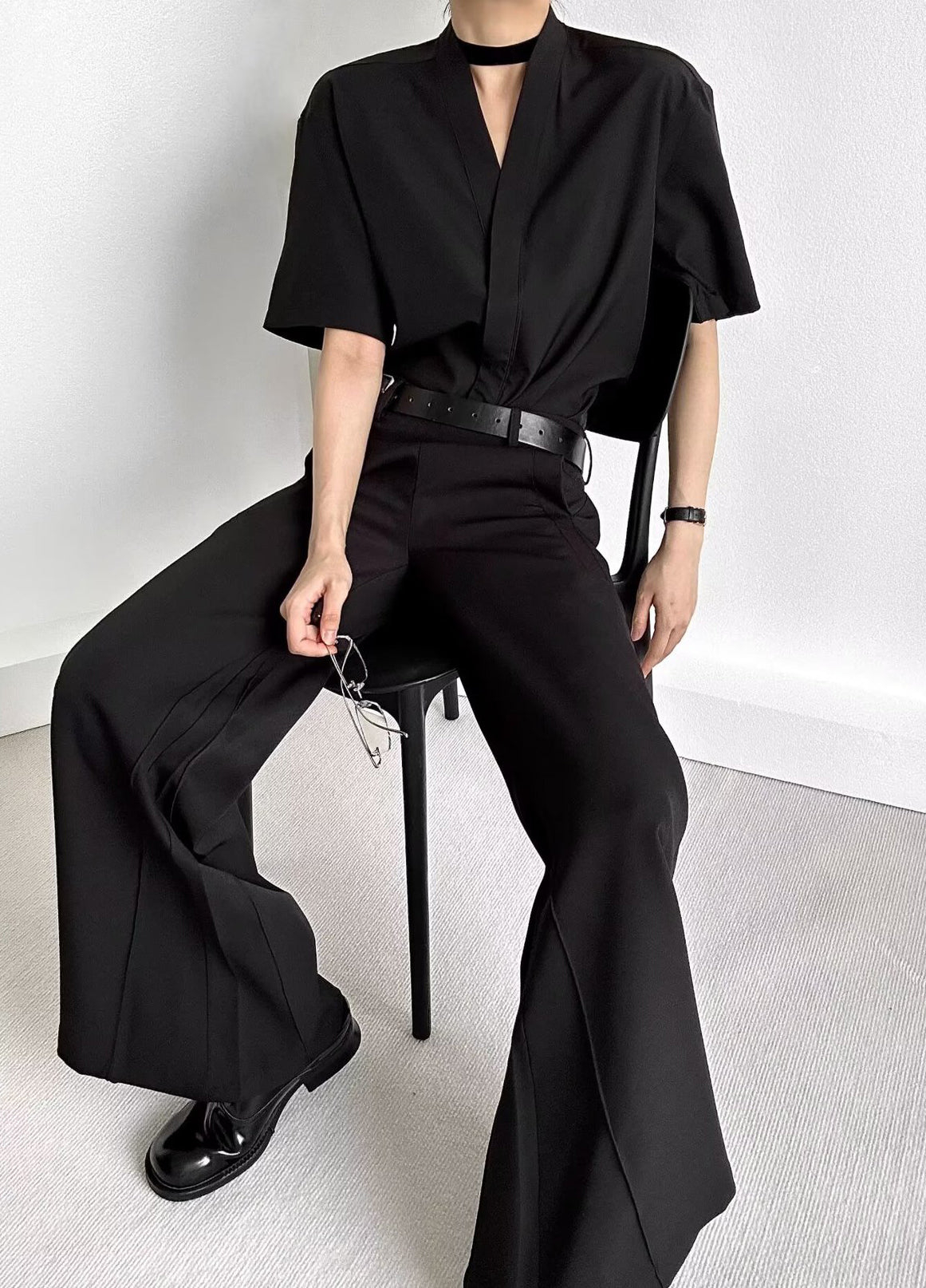 Collarless Drop-Shoulder Sleeves Formal Shirt