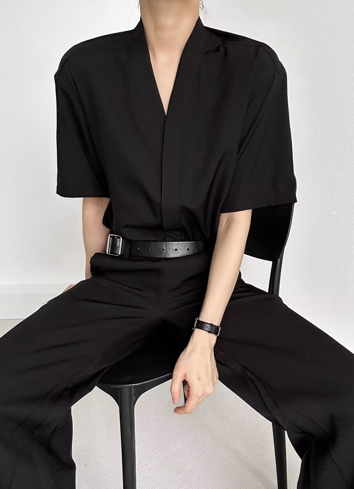 Collarless Drop-Shoulder Sleeves Formal Shirt