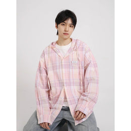 Men Tartan Checked Hooded Casual Shirt