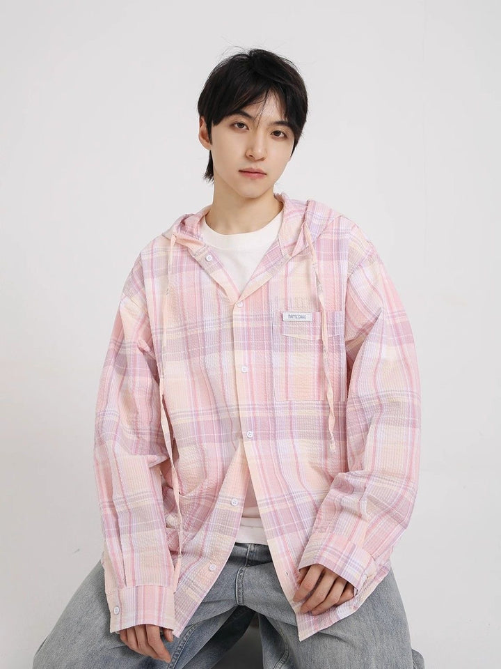Men Tartan Checked Hooded Casual Shirt