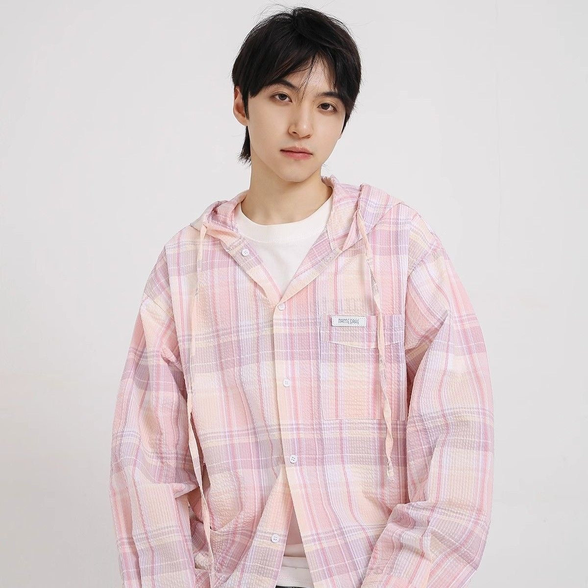 Men Tartan Checked Hooded Casual Shirt