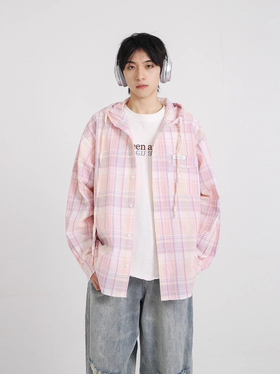 Men Tartan Checked Hooded Casual Shirt