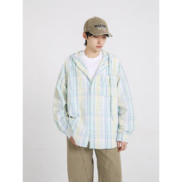 Men Tartan Checked Hooded Casual Shirt