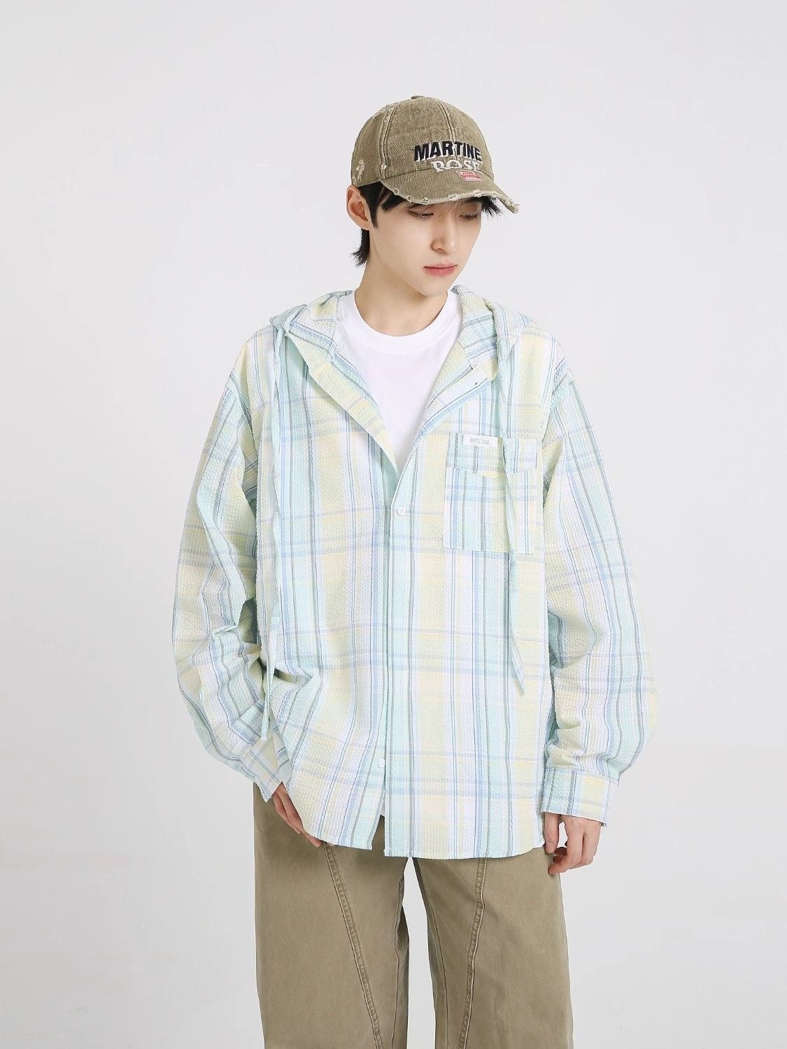 Men Tartan Checked Hooded Casual Shirt