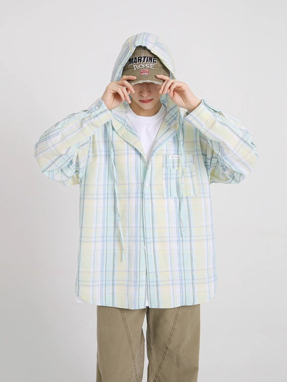 Men Tartan Checked Hooded Casual Shirt