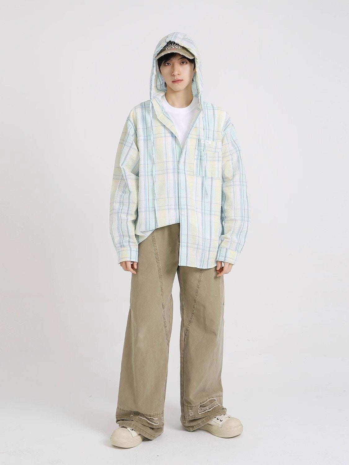 Men Tartan Checked Hooded Casual Shirt