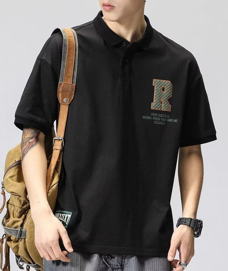 Men Typography Printed Polo Collar Raw Edge T-shirt