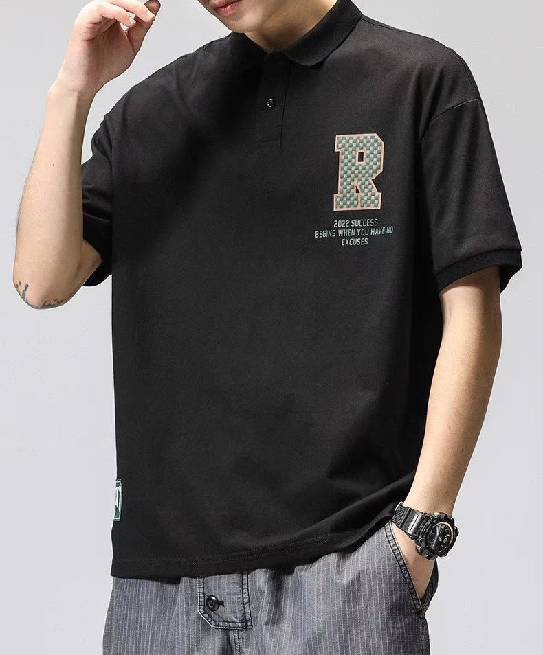 Men Typography Printed Polo Collar Raw Edge T-shirt