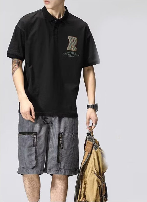 Men Typography Printed Polo Collar Raw Edge T-shirt