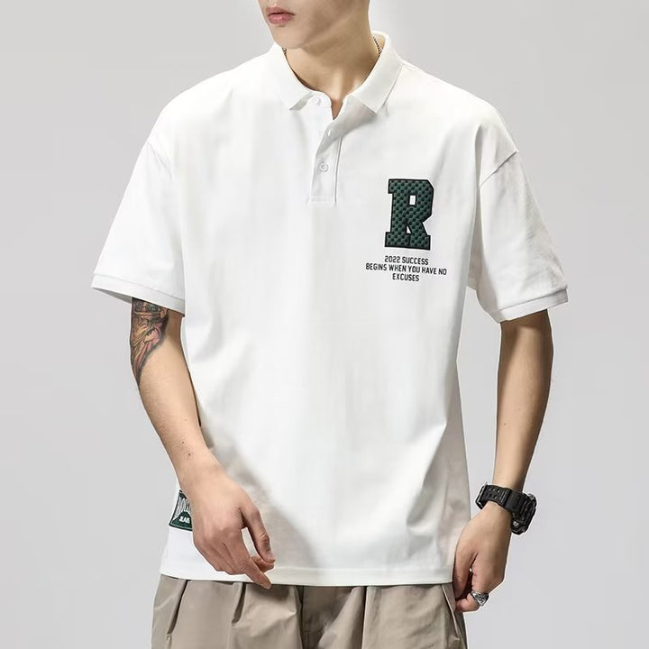 Men Typography Printed Polo Collar Raw Edge T-shirt