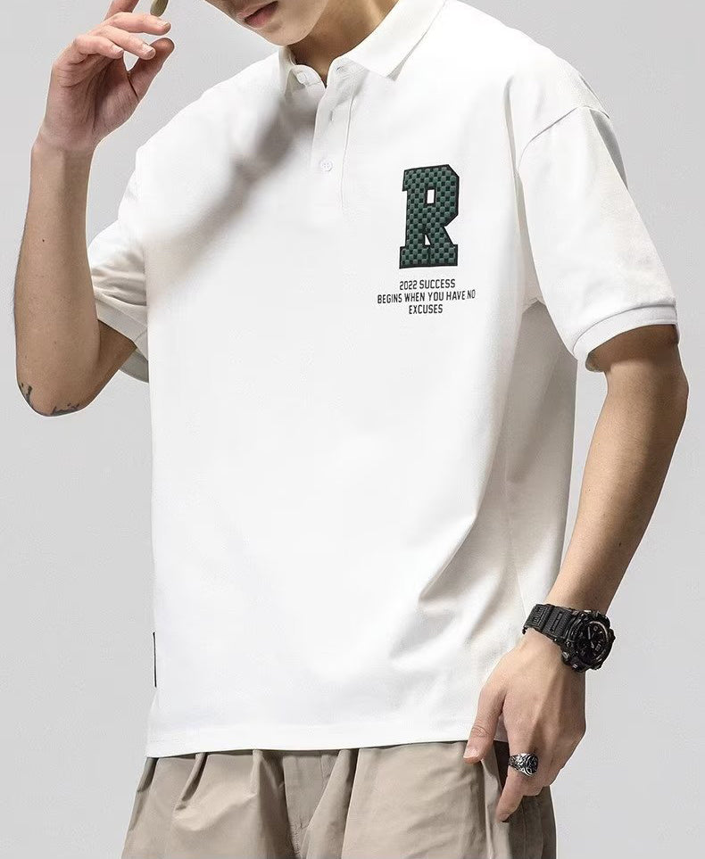Men Typography Printed Polo Collar Raw Edge T-shirt