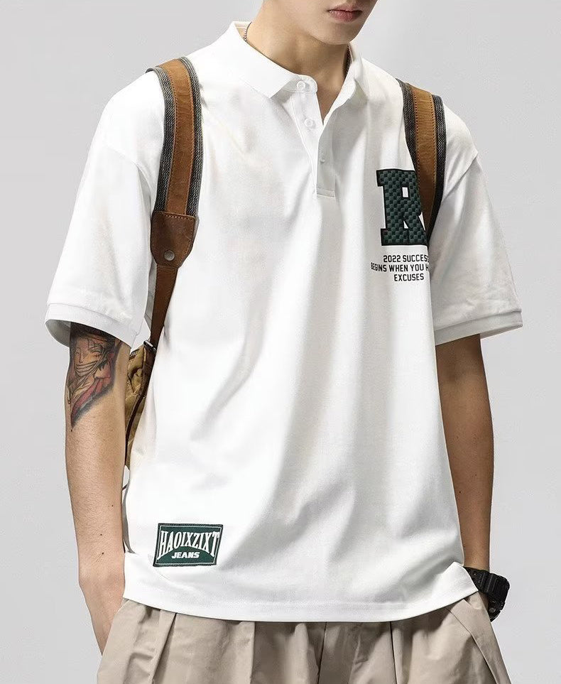 Men Typography Printed Polo Collar Raw Edge T-shirt