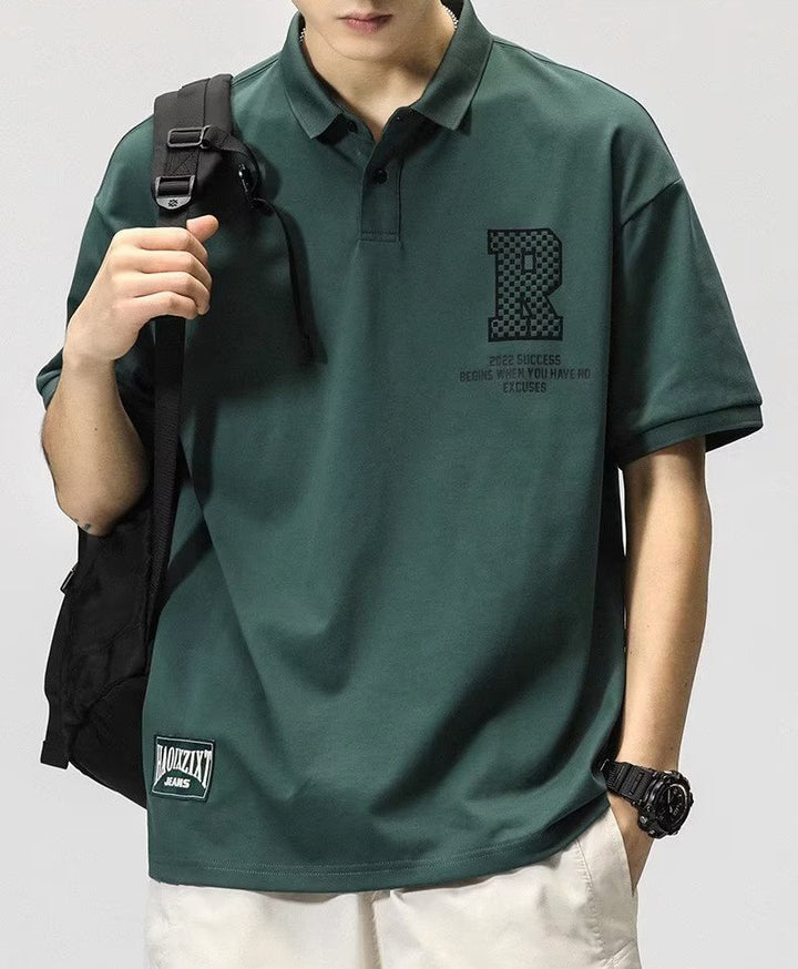Men Typography Printed Polo Collar Raw Edge T-shirt