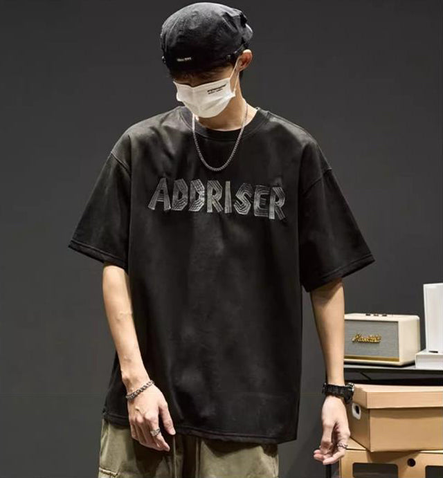 Typography Printed Round Neck Raw Edge T-shirt