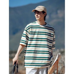 Striped Round Neck Drop Shoulder Sleeves T-shirt